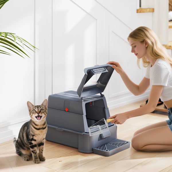 Kattlåda - XL Modell - Rostfritt Stål + ABS - 180° Flipplock - Höga Kanter - 63×43×43 cm - Grå