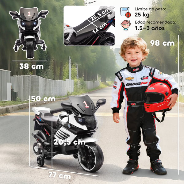 Elmotorcykel för barn - 6V åkfordon - Stödhjul - Musik - LED-strålkastare - 18–36 månader - 77×38×50 cm - Vit