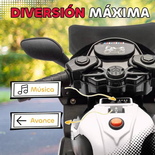Elmotorcykel för barn - 6V åkfordon - Stödhjul - Musik - LED-strålkastare - 18–36 månader - 77×38×50 cm - Vit