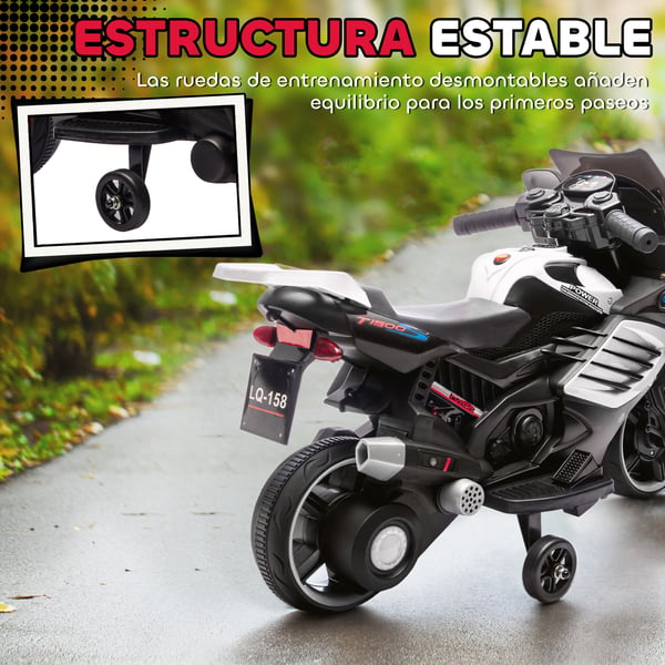 Elmotorcykel för barn - 6V åkfordon - Stödhjul - Musik - LED-strålkastare - 18–36 månader - 77×38×50 cm - Vit