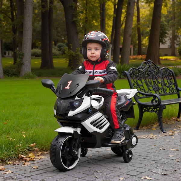 Elmotorcykel för barn - 6V åkfordon - Stödhjul - Musik - LED-strålkastare - 18–36 månader - 77×38×50 cm - Vit