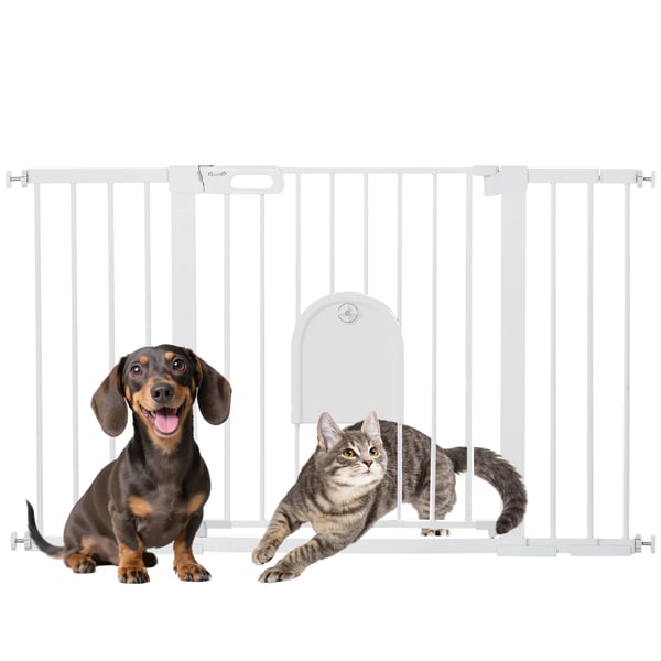 Hundgrind - Säkerhetsgrind med smådörr - Justerbar 75–131 cm - Höjd 76 cm - Rostfritt stål - 3 förlängningar - För trappor & dörrar - Vit