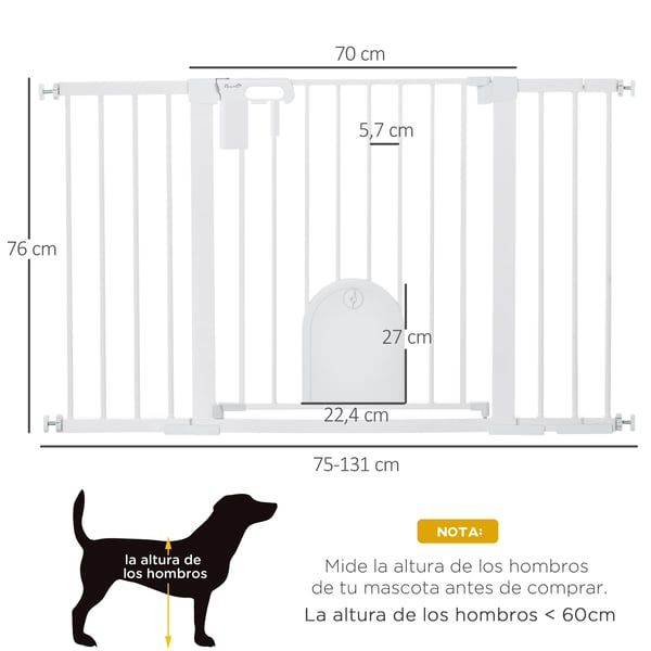 Hundgrind - Säkerhetsgrind med smådörr - Justerbar 75–131 cm - Höjd 76 cm - Rostfritt stål - 3 förlängningar - För trappor & dörrar - Vit