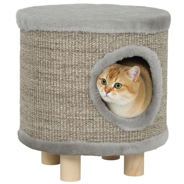 Katthus & kattbädd - 3-i-1 fotpall - Klöspelare - Plysch - Träben - Fjäderleksak - 36 x 36 x 38 cm - Grå