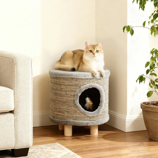 Katthus & kattbädd - 3-i-1 fotpall - Klöspelare - Plysch - Träben - Fjäderleksak - 36 x 36 x 38 cm - Grå