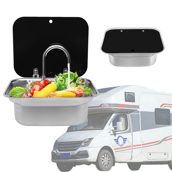 Autocamper/Campingvogn Vask - Hærdet glaslåg - 41x36,5x16 cm - 304 rustfrit stål - Varm/kold blandingsbatteri - Inkl. rør & vandhane - Sort