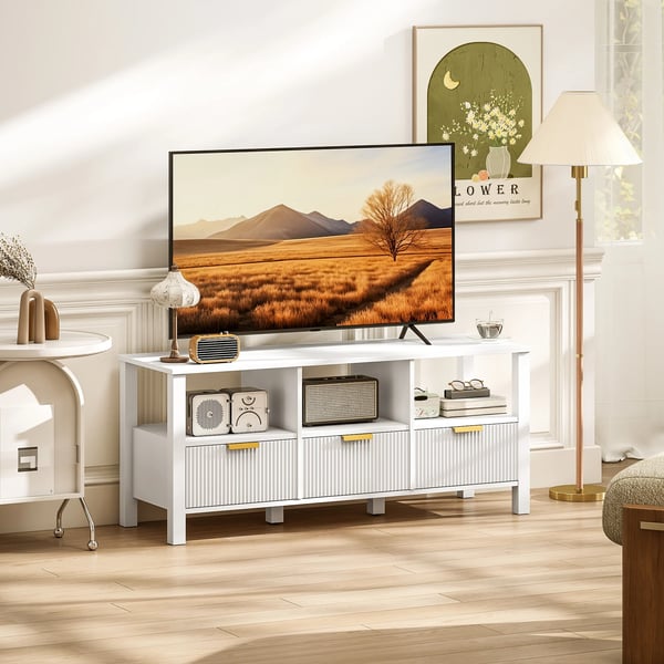 TV-bänk/TV-bord - Modern - Trä - 3 Lådor, 3 Öppna Hyllor - 120x39,5x50 cm - För 109–140 cm TV - Vit