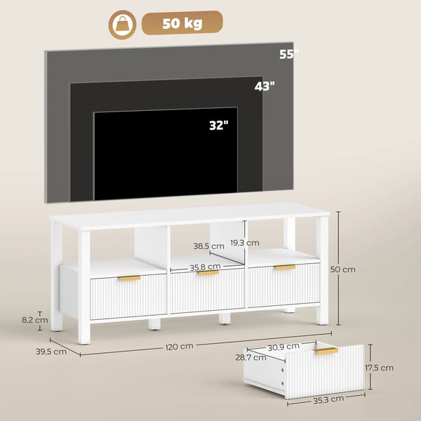 TV-bänk/TV-bord - Modern - Trä - 3 Lådor, 3 Öppna Hyllor - 120x39,5x50 cm - För 109–140 cm TV - Vit