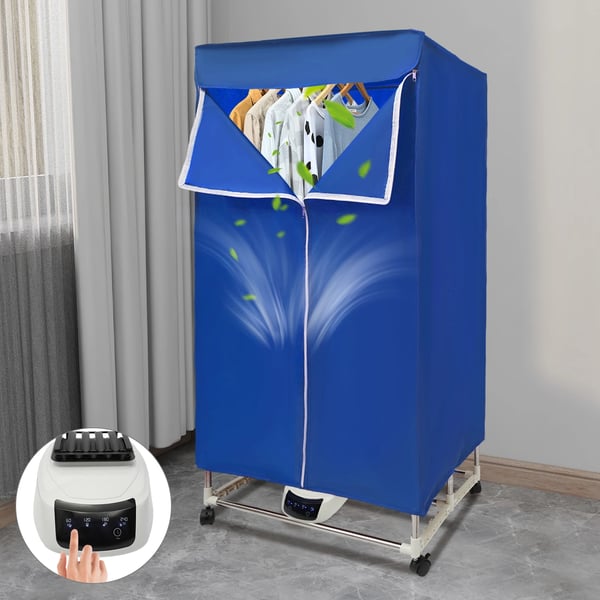 Tøjtørrer - Portabelt tørreskab - 1200–1500 W - PTC-opvarmning - Kapacitet >15 kg - Timer 121–240 min - IPX1 - Hjul - Blå