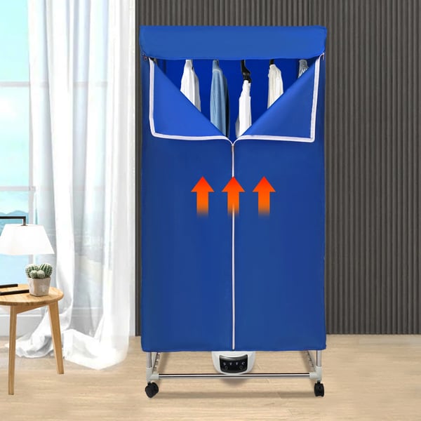 Tøjtørrer - Portabelt tørreskab - 1200–1500 W - PTC-opvarmning - Kapacitet >15 kg - Timer 121–240 min - IPX1 - Hjul - Blå