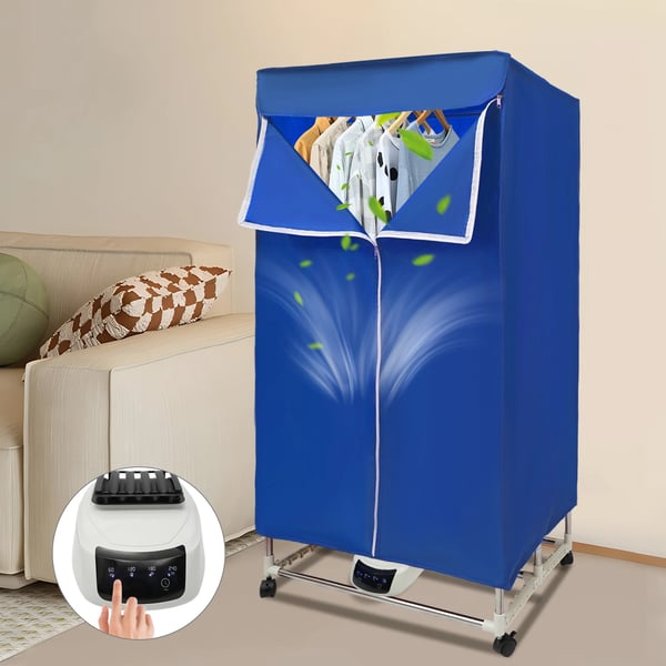 Tøjtørrer - Portabelt tørreskab - 1200–1500 W - PTC-opvarmning - Kapacitet >15 kg - Timer 121–240 min - IPX1 - Hjul - Blå