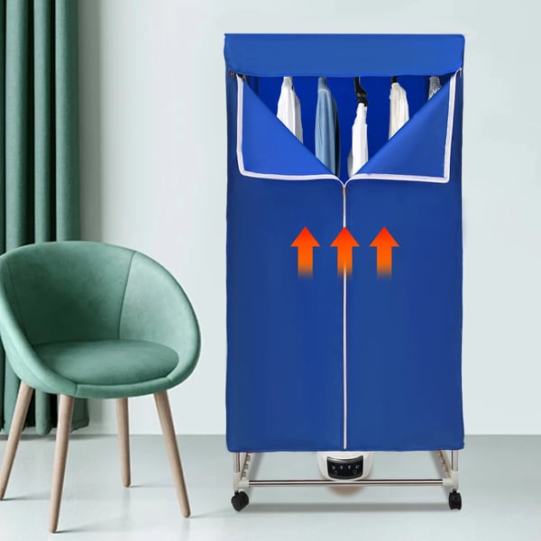 Tøjtørrer - Portabelt tørreskab - 1200–1500 W - PTC-opvarmning - Kapacitet >15 kg - Timer 121–240 min - IPX1 - Hjul - Blå