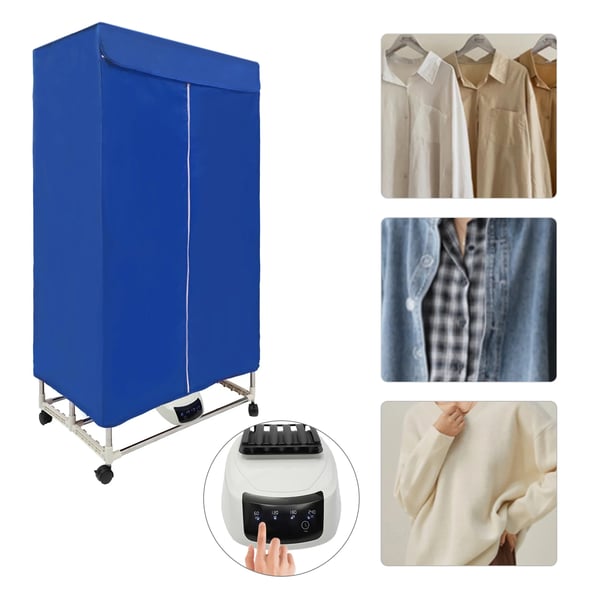 Tøjtørrer - Portabelt tørreskab - 1200–1500 W - PTC-opvarmning - Kapacitet >15 kg - Timer 121–240 min - IPX1 - Hjul - Blå