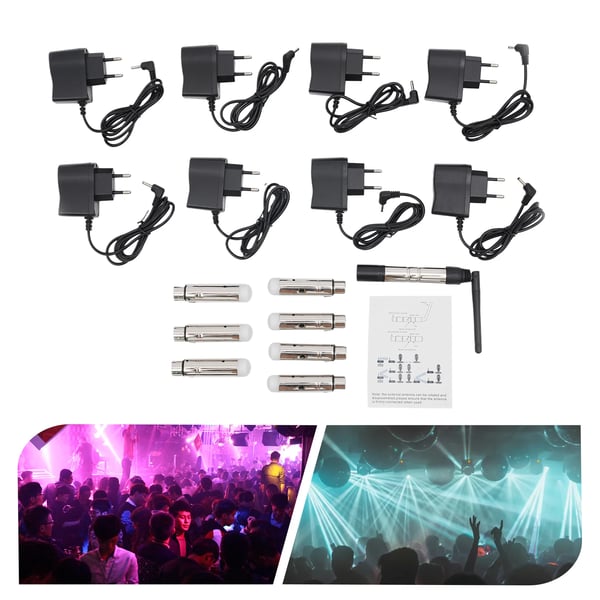 DMX512 trådløst sender- og modtagersæt - Styring af scenelys - 1 Sender + 7 Modtagere - DC 5V - EU-stik - Zinklegering - Sort/Sølv