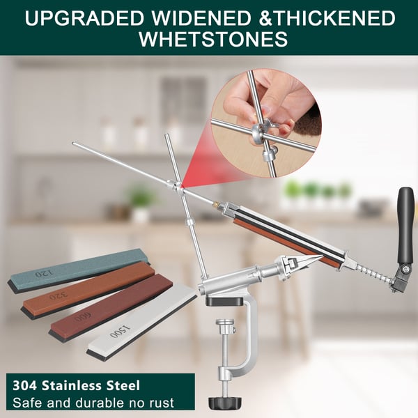 Professionel knivsliber - Fast vinkel slibesystem - 4 slibesten - 360° rotation - Justerbar klemme - Rustfrit stål - Grøn