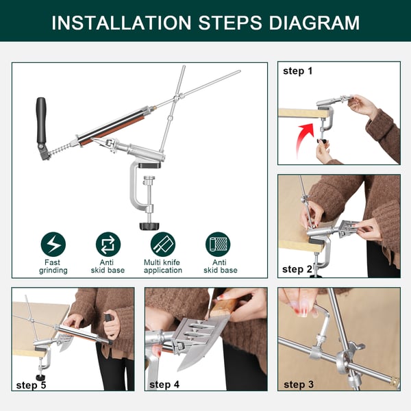 Professionel knivsliber - Fast vinkel slibesystem - 4 slibesten - 360° rotation - Justerbar klemme - Rustfrit stål - Grøn