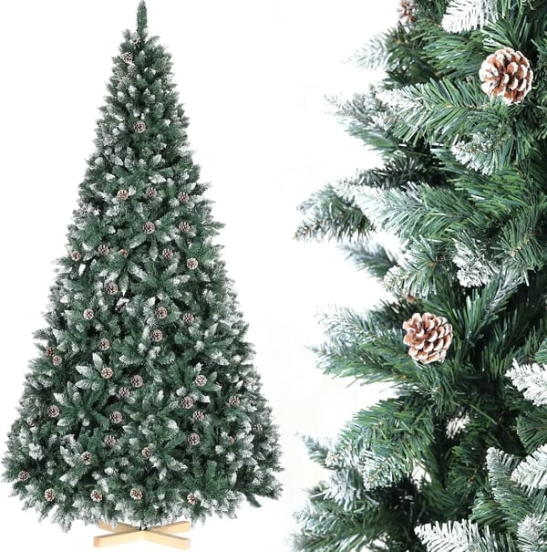 Kunstigt juletræ - Nordmannsgran - 240 cm - Sneeffekt med kogler - PVC/PE - Håndlavet træfod - Grøn
