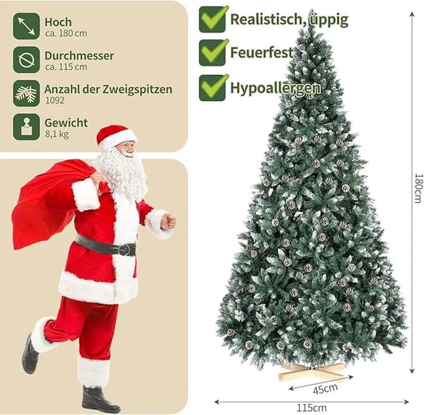 Nordmannsgran - Kunstigt juletræ - 180 cm (6 ft) - Sneeffekt, snedækket - Med kogler - Håndlavet træfod - PVC+PE - Hvid