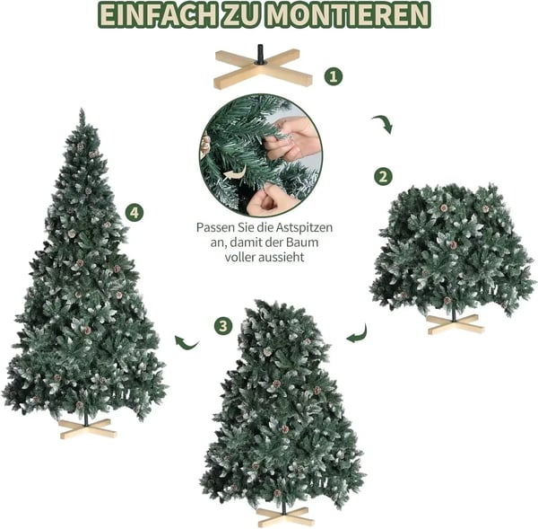 Kunstigt juletræ - Nordmannsgran - 150 cm - Sneeffekt med kogler - PVC/PE - Håndlavet træfod - Grøn
