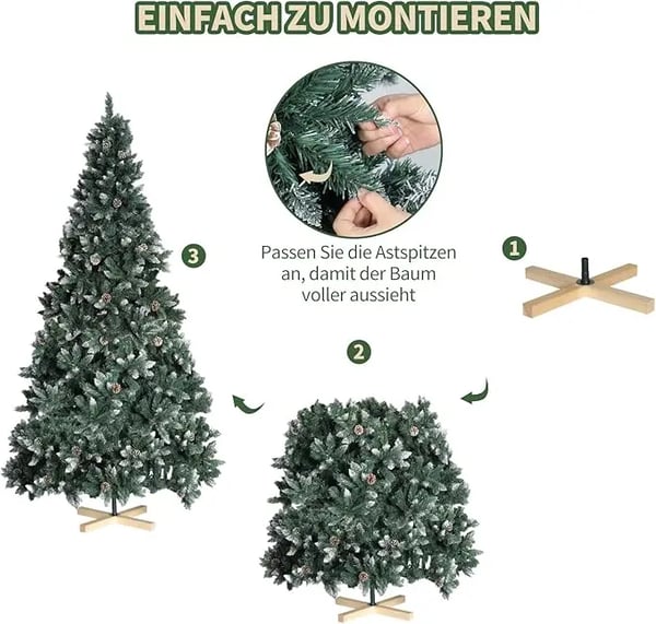 Kunstigt juletræ - Nordmannsgran - 150 cm - Sneeffekt med kogler - PVC/PE - Håndlavet træfod - Grøn