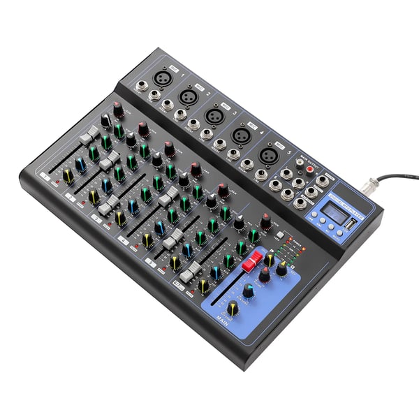 Lydmixer - DJ-mixer - 7-kanals - USB-tilslutning - 48V fantomspænding - AC100–240V strømforsyning - DC8V 2A - 33×23×3,7 cm - Sort