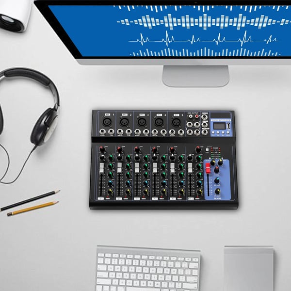 Lydmixer - DJ-mixer - 7-kanals - USB-tilslutning - 48V fantomspænding - AC100–240V strømforsyning - DC8V 2A - 33×23×3,7 cm - Sort