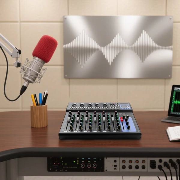 Lydmixer - DJ-mixer - 7-kanals - USB-tilslutning - 48V fantomspænding - AC100–240V strømforsyning - DC8V 2A - 33×23×3,7 cm - Sort