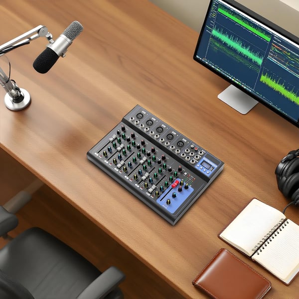 Lydmixer - DJ-mixer - 7-kanals - USB-tilslutning - 48V fantomspænding - AC100–240V strømforsyning - DC8V 2A - 33×23×3,7 cm - Sort