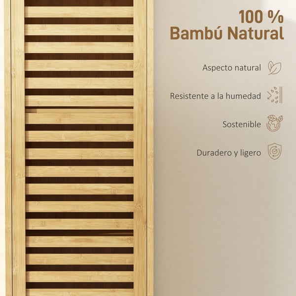 Badrumsskåp i bambu - Smalt golvskåp - 3 öppna hyllor - Spjälldörr - Justerbara hyllplan - 60x30x108 cm - Gul