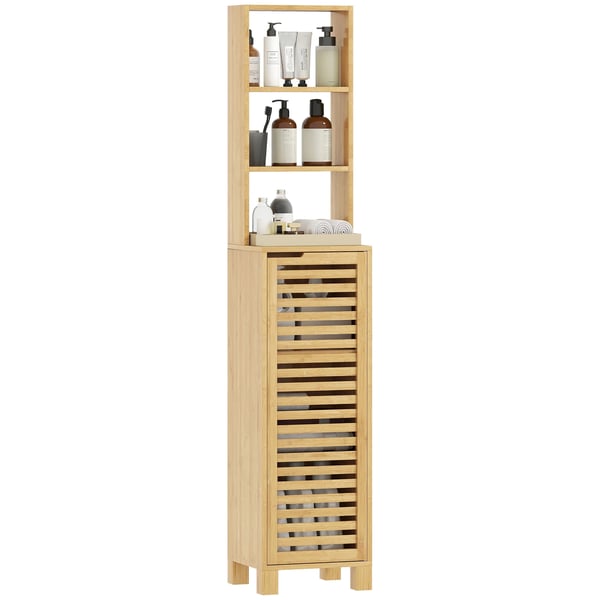 Badrumsskåp i bambu - Högt smalt tornskåp - 34×30×170 cm - 3 öppna hyllor - Ribbad dörr - Justerbara hyllplan - Naturträ