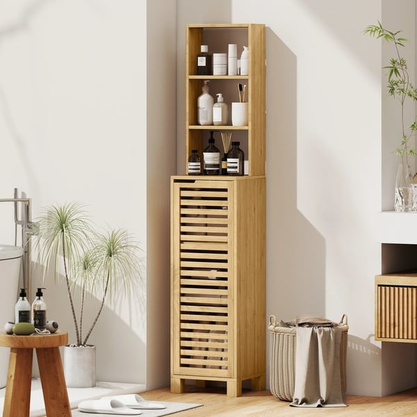 Badrumsskåp i bambu - Högt smalt tornskåp - 34×30×170 cm - 3 öppna hyllor - Ribbad dörr - Justerbara hyllplan - Naturträ