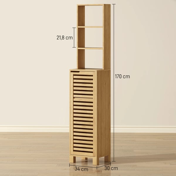 Badrumsskåp i bambu - Högt smalt tornskåp - 34×30×170 cm - 3 öppna hyllor - Ribbad dörr - Justerbara hyllplan - Naturträ