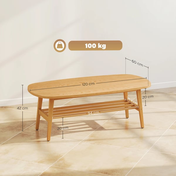 Modernt soffbord - Lågt bord - Öppen hylla - Träben - Maxbelastning 100 kg - 120 x 60 x 42 cm - Naturträ