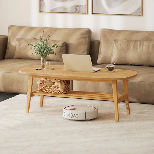 Modernt soffbord - Lågt bord - Öppen hylla - Träben - Maxbelastning 100 kg - 120 x 60 x 42 cm - Naturträ