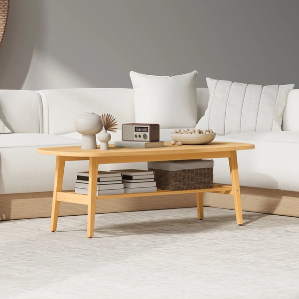 Modernt soffbord - Lågt bord - Öppen hylla - Träben - Maxbelastning 100 kg - 120 x 60 x 42 cm - Naturträ