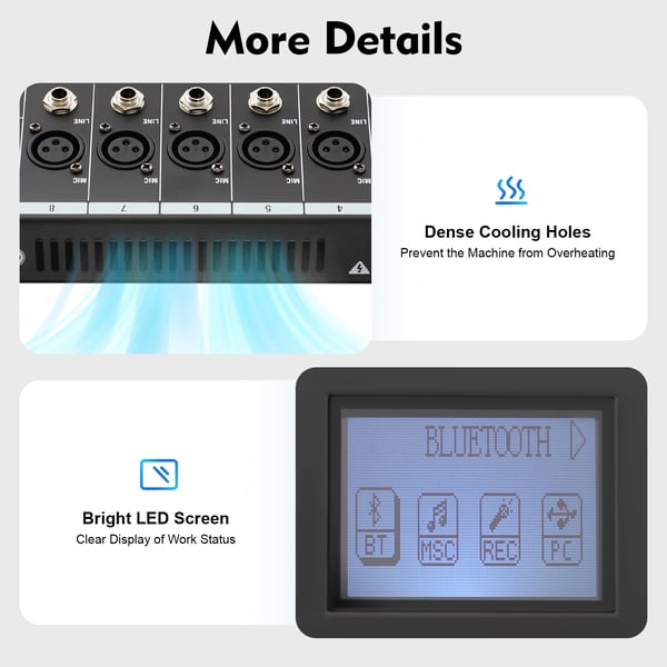 Lydmixer - Professionelt DJ-mixerpult - 8 Kanaler - USB - Bluetooth - 48V Fantomstrøm - Inkl. Strømforsyning - Sort
