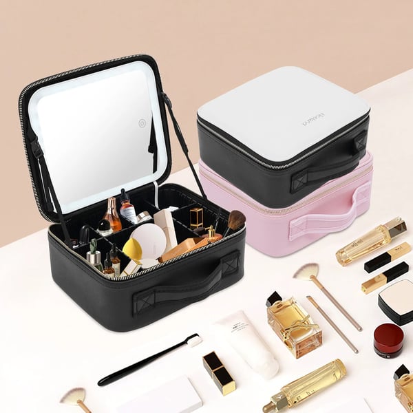 Rejse makeuptaske - Kosmetiktaske - LED-spejl - Justerbar lysstyrke - Stor kapacitet - Opdelte rum - PU-læder - Sort