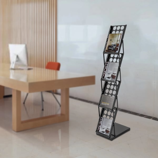 Magasinholder - 4 niveauer - Sammenklappelig - Vinklede hylder - Rustbestandig jernramme - Ingen montering - 36×27×132 cm - Sort