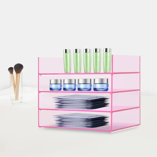 Skrivebordsorganizer - Skuffekabinet med 4 niveauer - Akryl - Udtrækkelige skuffer - Rektangulær - Til kontor & makeup - Pink