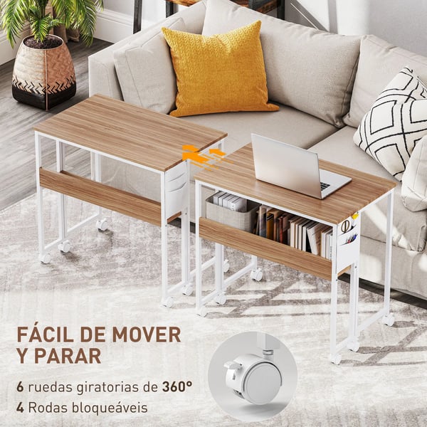 Skrivbord - Hopfällbart datorbord - Med hjul - Med förvaring - Rektangulär - 80 cm - För små utrymmen - Brun