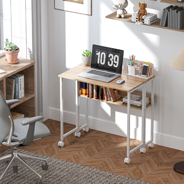 Skrivbord - Hopfällbart datorbord - Med hjul - Med förvaring - Rektangulär - 80 cm - För små utrymmen - Brun