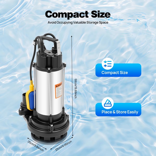 Snavsevandspumpe - Dykpumpe - 1,5 kW, Rustfrit Stål, Flydekontakt, 2850 o/min, Til Industri og Hjem - Sort