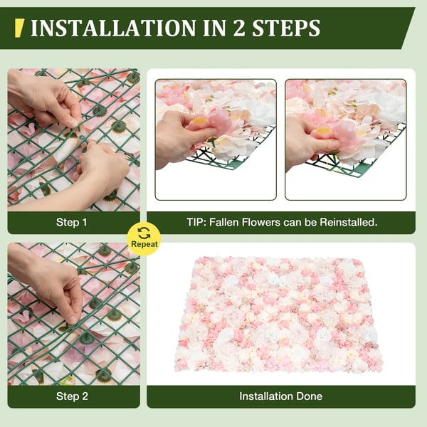 Kunstig Blomstervæg - Panel 12-pak - 60×40 cm - 3D Hortensia - Silke - Indendørs - Rosa