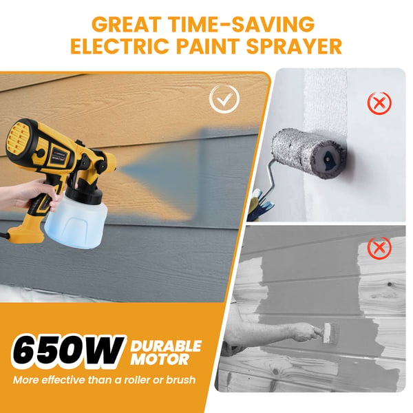 Malesprøjte - Elektrisk sprøjtepistol - 650 W Høj Effekt - 1400 ml Beholder - 4 Dyser - 3 m Kabel - Gul