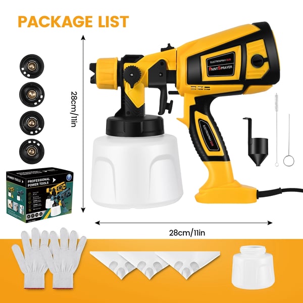 Malesprøjte - Elektrisk sprøjtepistol - 650 W Høj Effekt - 1400 ml Beholder - 4 Dyser - 3 m Kabel - Gul
