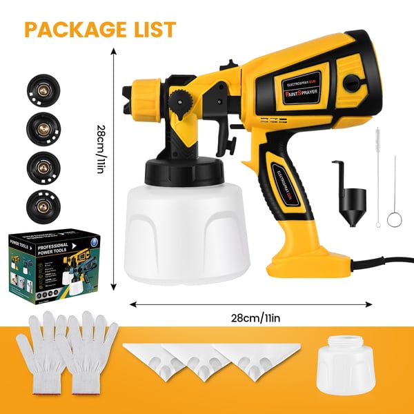 Malesprøjte - Elektrisk sprøjtepistol - 650 W Høj Effekt - 1400 ml Beholder - 4 Dyser - 3 m Kabel - Gul