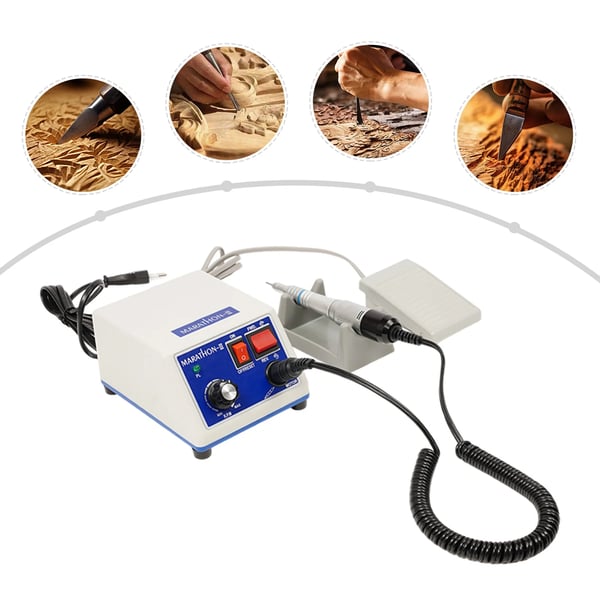 Micromotor boresæt - Håndstykke til negle/smykker/tandlab - 65W - 0–35000 O/min trinløs - 220V 50–60Hz - Fodpedal, 2 slibehoveder, holder - Hvid
