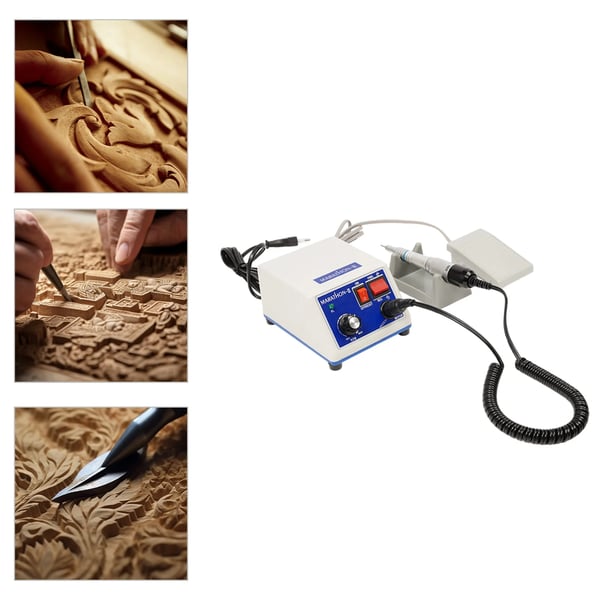 Micromotor boresæt - Håndstykke til negle/smykker/tandlab - 65W - 0–35000 O/min trinløs - 220V 50–60Hz - Fodpedal, 2 slibehoveder, holder - Hvid