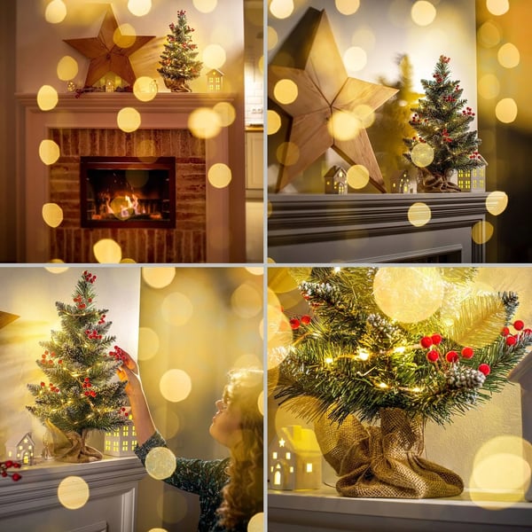 Kunstigt juletræ - Mini bordtræ - 50 cm - Snedækket - Jutesæk - Til Skrivebord & Reol