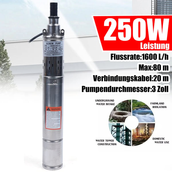Djupbrunnspump - Nedsänkbar skruvpump - 250 W - 7,6 cm - 220 V - EU-kontakt